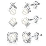 ASH'S CHOICE Pearl Earrings, 3 Pairs 925 Sterling Silver Pearl Stud Earrings for Women, Large White Freshwater Cultured Pearl Stud Earrings Set, Hypoallergenic Bling AAA+ Cubic Zirconia Studs