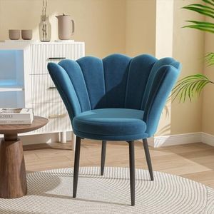 ADVWIN Blue Velvet Armchair, Modern Upholstered Armchair Lounge, Wide Back Dining Chair with Metal Legs for Home Living Room Bedroom Office Cafe