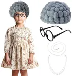 Keymall Kids Old Lady Costume Set Old Granny Wig Eyeglasses Chain Necklace for Halloween Costume 100th Day Of School Dress Up for Kids 3-8