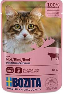 Bozita Bolsa de canapés en salsa con carne de vacuno, 12 x 85 g de comida húmeda para gatos