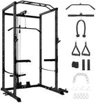 GarveeLife Power Cage with LAT Pulldown, Multi-Functional Power Rack with Cable Pulley System and J-Hooks, Squat Rack with Dip Bars and Landmine Attachment, Weight Cage for Home Gym Equipment, Black