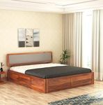 RJ ART Sheesham Wood King Size Bed with Box Storage and Cushion Headboard for Bedroom Living Room Home Wooden Double Bed Cot Palang Furniture (Honey Finish)