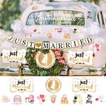 18 Pcs Just Married Wedding Car Decorations Include 12 Just Married Ornate Car Magnets Just Married Wedding Day Car Window Decal Just Married Sign Banner 4 Organza Car Pull Bows for Honeymoon Wedding