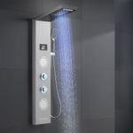 ROVATE Shower Panel Tower System with LED Rainfall Waterfall Shower Head, 5-in-1 LED Shower Panel System with Body Massage Jets, Handheld Shower and Tub Spout, Brushed Finish