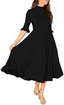 Verdusa Women's Elegant Ribbed Knit Bell Sleeve Fit and Flare Midi Dress Black L