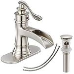 Bathlavish Bathroom Faucet Brushed Nickel Waterfall with Pop Up Drain Stopper Single Handle Vanity Sink Faucets One Hole Lever Satin Basin with Overflow Vintage Commercial Supply Line Lead-Free