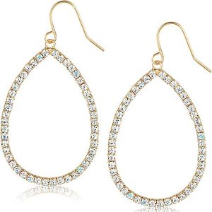 Gold Rhinestone Earrings for Women - Plated Gold Tear Drop Earrings for Women, Long Rhinestone Dangling CZ Cubic Zirconia Hoop, Sparkly Trendy Teardrop Dangles for Wedding Guest Formal or Bridesmaid