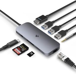 Spigen 9-in-1 Type-C Hub with Multi Port (100W PD 3.0 4K 30Hz HDMI 5Gbps USB-C, 2 x USB-A Data Ethernet Port, Audio Jack, microSD/SD Card Reader for MacBook Pro/Air M1 M2 PlayStation) - Dark Silver