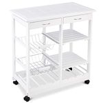 COSTWAY Kitchen Serving Trolley, Rolling Storage Bar Cart with Tile Worktop, Wine Racks, Mesh Baskets, Drawers & Shelves, Wooden Kitchen Island on Wheels for Home Restaurant (White)