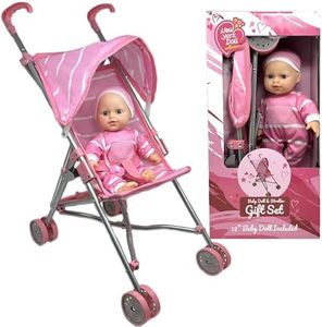 Baby Doll and Stroller Set - 12" Baby Doll with Pacifier Gift Set - Pink Fabric Baby Stroller Toy for Kids - Foldable Play Stroller for Dolls with Canopy - Baby Doll Stroller for Toddlers, Girls