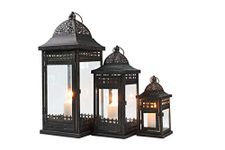 JHY DESIGN Set of 3 Decorative Candle Lanterns20&14.5"&9.5" High Vintage Style Hanging Lantern, Metal Candleholder for Indoor Outdoor, Events, Parities and Weddings（Black with Gold Brush）