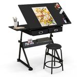COSTWAY Drawing Table and Stool Set, Adjustable Drafting Table with Tilting Tabletop, 2 Drawers, Storage Shelf & Tool Tray, Wooden Artist Desk Painting Easel for Artwork, Design, Reading (Black)