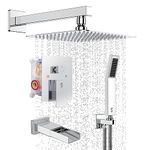 SR SUN RISE 12 Inches All Metal Shower System with Tub Spout, Wall Mounted Tub Shower Faucet Set, Rain Shower Head and Handheld Sprayer Shower Set, Modern Valve and Trim Kit, Polished Chrome