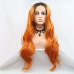 Xiweiya Glueless Ombre Orange Lace Front Wigs 2 Tone Color with Natural Brown Roots Middle Part 13X3 Lace Long Curly Heat Resistant Synthetic Hair Replacement Wig For Women Half Hand Tied