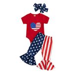 Toddler Little Girl 4th of July Clothes Short Sleeve T-Shirts Tops+Flared Pants+Headband 3 Pcs Bell Bottom Outfits, Red-3, 0-3 Months