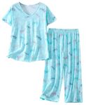 CHUNG Women Cotton Pajamas Set Short Sleeve Top Capri Pants Sleepwear Plus Size CPR-Butterfly,2XL