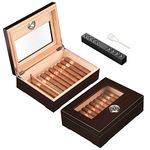 TISFA Cigar Humidor, Glass Top Cigar Box with Hygrometer Humidifier and Divider, Desktop Cedar Wood Storage Case Holds 20-30 Cigars (Dark Brown)