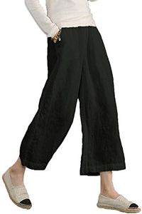 ECUPPER Womens Casual Loose Linen Elastic Wasit Ankle Pants Plus Size Cropped Trousers Black 4XL