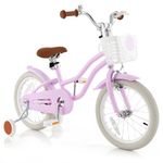 COSTWAY Kids Bike, 16 Inch Toddler Children Bike w/Training Wheels, Hand & Coaster Brakes, Adjustable Saddle & Handlebar, Basket, Bell, Kids Bicycle for Girls Boys Aged 3-8 Years Old, Light Purple