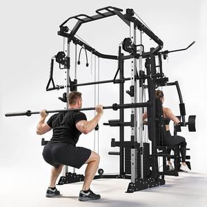 GMWD SmithΔ Machine Power Cage, Multi-Function Home Gym System with Cable Crossover System, Dual-Sided Workout Station with 121LB Weight Stack, Power Rack, Functional Trainer, All-in-One Home Gym