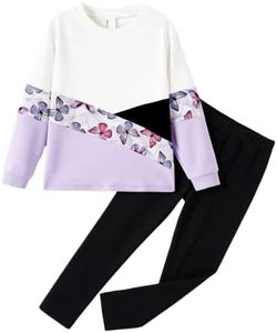 PATPAT Girls 2 Piece Outfits Size 9-10 Years, Purple Butterfly Color Block Sweatshirts and Leggings Clothing Sets Sweatsuit Fall Outfits Joggers Lounge Set Tracksuit Kids Clothes Girls