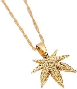 24K Yellow Gold Color Jewelry Cannabis Weed Marijuana Leaf Pendant Necklace