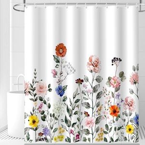 BESBESME Boho Mid Century Shower Curtain Set, Waterproof Fabric for Bathtub Bathroom Decor Modern Machine Washable Weighted Hem Shower Curtain with Hooks, Minimalist Flower Curtain, White, 72"x72"