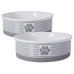 DII Bone Dry Stripes Ceramic Large Pet Bowl for Food & Water, 7.5" Dia x 2.4" H Set of 2, with Non-Skid Silicone Rim for Dogs and Cats-Gray