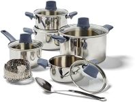 T-fal Essentials Stainless Steel Cookware Set 12 Piece, Induction Compatible, Oven Safe 350F, Cooking Set w/Stewpots, Stockpot, Saucepan, Lids & Tools, Measuring Marks, Dishwasher Safe, Silver/Blue