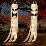 2 Pack Halloween Ghost Windsocks Flag with Lights, Fall Windsock Halloween Decorations Outdoor, 2 Lighting Modes Battery Operated Halloween Hanging Lights Decor for Patio Garden Party(Novel Style)