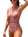 CUPSHE Women V Neck One Piece Swimsuit Halter Backless Ruched Tummy Control Bathing Suit, Dusty Pink, Large