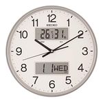 SEIKO Classic Round Grey Plastic Analog Home Décor English Numerals Wall Clock with Showing Day/Date (Size: 32.8 x 5.9 x 32.8 CM | Weight: 1180 grm | Color: Grey)