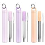 Tanhala Metal Reusable Travel Drinking Straw - 3 Pack Collapsible Stainless Steel Straws with Cleaning Brush & Silicone Tips Portable Telescopic Drinking Straws with Storage Case & Keychain Ring 3P5