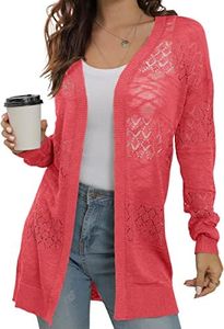 GRECERELLE Lightweight Long Sleeve Open Front Cardigan Loose Soft Drape Crochet Sweater Sun Protection Cover Up(Orange Red, Small)