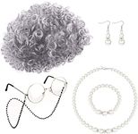 IRONBOX Old Lady Short Straight Curly Wig Granny Ash Black Natural Synthetic Wig Cap Bead Chain Cords Artificial Pearl Necklace Bracelet Earrings Adult Fancy Dress Accessories Old Lady Costume Set Fits All