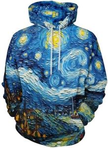 ENLACHIC Men's Van Gogh Hoodies Long Sleeve Pullover Hoodie Sweatshirt with Pocket,Van Gogh Starry Night Moon,2XL