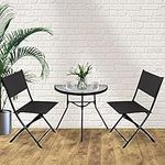 OKSTENCK 3-Piece Patio Bistro Dining Furniture Set w/Textured Glass Half Round Tabletop, 2 Folding Chairs, Steel Frame, Textilene Fabric, Black