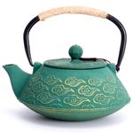 MILVBUSISS Cast Iron Teapot, Japanese Tea Pot with Infuser for Loose Leaf, 800ml Tea Kettle Stovetop Safe Coated with Enameled Interior, Clouds Pattern 27oz Green