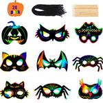 DIYASY 24pcs Halloween Scratch Art Mask, Scratch Paper Mask Magic Scratch Art Rainbow Scratch Card Mask with Wooden Stylus and Colorful Ribbons for Halloween Art Craft Projects Doodling.