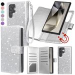 Varikke Compatible with Samsung Galaxy S24 Ultra Case, 2-in-1 Detachable Magnetic Wallet Case with RFID Blocking Card Holder, Glitter PU Leather Wrist Strap Kickstand Cases 6.8 inch, Silver