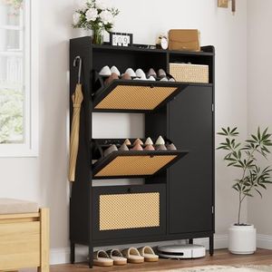 GarveeHome Rattan Shoe Cabinet with 3 Flip Drawers and 4-Tier Shoe Storage Cabinet, Freestanding Shoe Organizer with Adjustable Shelves for Entryway, Closet, Hallway