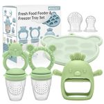 4 Pack Silicone Teething Mitten for Babies with Baby Fruit Food Feeder & Freezer Tray Set, BPA Free Infant Teething Relief Toy for 3 Month+, Additional Silicone Sacs