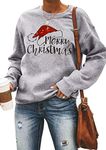 Fawniss Women Merry Christmas Sweatshirt Santas Hat T Shirt Graphic Print Christmas Tops (Grey, Large)