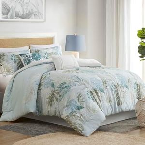 Harbor House King Comforter Set, Tropical Palm Print, Soft Cotton Oversized Comforter for a King-Size Bed, Coastal Bedding, 2 Shams, Bedskirt, 2 Décor Pillows, Kiawah Island, King Blue