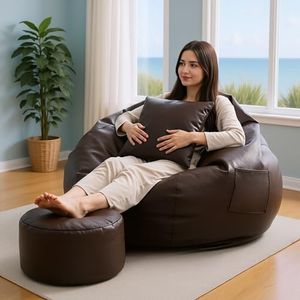 Bean Bag Chair with Footrest & Cushion with Beans Filled | 4XL Faux Leather Bean Bag Sofa for Adults & Kids | Pocket Design, Easy to Carry, Double Stitching - (Brown, with Stool)