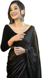 SATAZ Women's Ready to Wear Black Satin Silk 1 Minute Pre Pleated Heavy Saree With Hand Work Lace, Black, Free Size