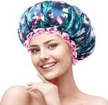 mikimini Flamingo Medium Shower Caps Pack of 2, Shower Cap for Girls and Women with Pink Lace, Reusable Waterproof Blue Shower Hat for Girls