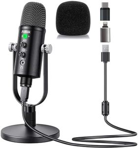 Aveek USB Microphone, Microfono Condensatore per Telefono, Mac, Computer, PS4 e PS5, con Muto, Plug & Play, Pickup Cardioide, Controllo del Volume per Podcast, Registrazione, Cantare, ASMR