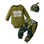 Newborn Infant Baby Boy Outfits Little Brother Print Romper Bodysuit+Pants+Hat Clothes Set Green 3-6 Months