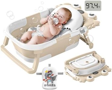 Collapsible Baby Bathtub for Infants to Toddler with Real-time Temp Monitor+Floating Cushion,Foldable Baby Bath Tub Set Applicable 0-36 Month,Portable Travel Baby Tub for Newborns Boy (Beige)